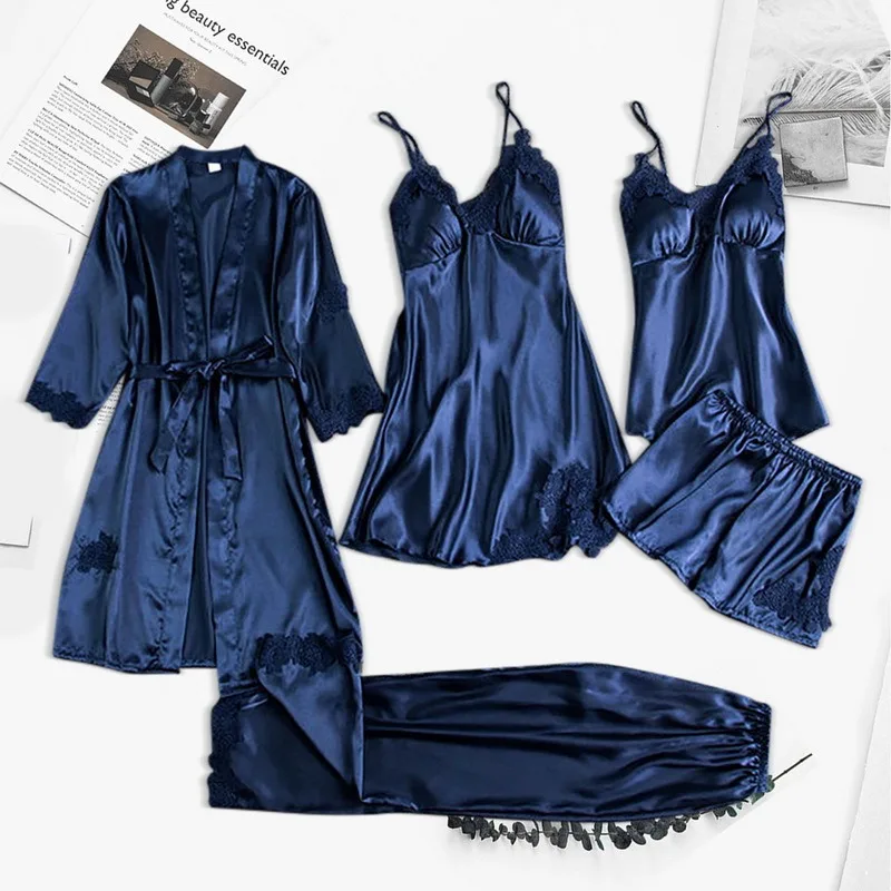 

Sleepwear Female 5PCS Pajamas Set Satin Pyjamas Lace Patchwork Bridal Wedding Nightwear Rayon Homewear Nighty Robe Suit