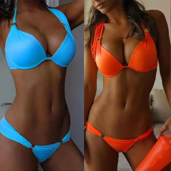 

2020 New Solid Sexy Women Summer Push-up Padded Bandeau Bikini Set Holiday Beach Swimsuit Swimwear Bathing Sundress