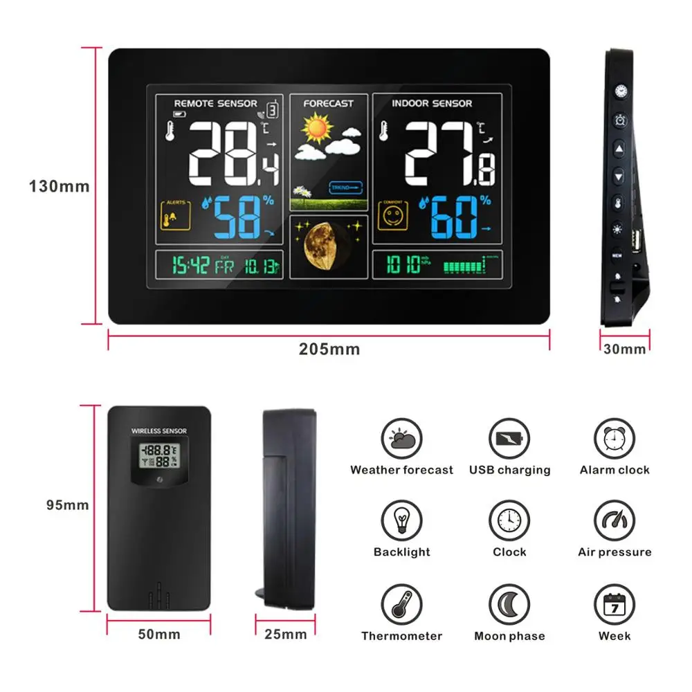 3378 Weather Station Thermometer Hygrometer Barometer Wireless With Indoor Outdoor Sensor Time Display Day Date Alarm Clock | Инструменты