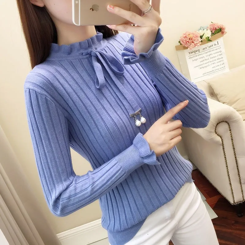 

2020New Casual Spring Slim Sweater Winter Knitted New Lace Up Flare Long Sleeve Ruffle Knitting Pullover Women Sweaters