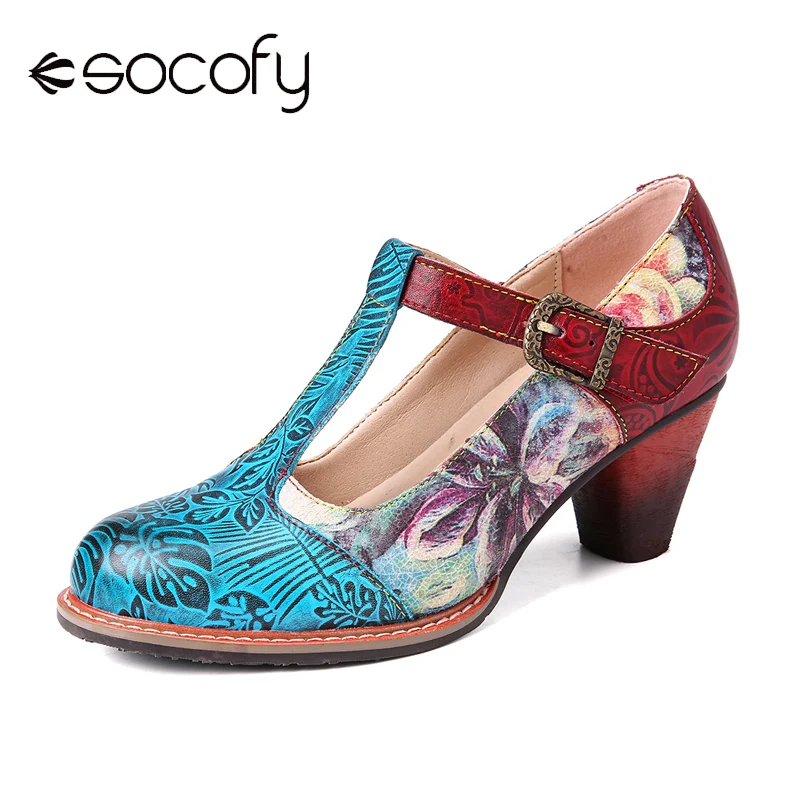 

SOCOFY Retro Leather Pumps Chromatic Flower Embossed Leaves Mid Heel Genuine Leather Pumps Women Shoes Botas Mujer 2020