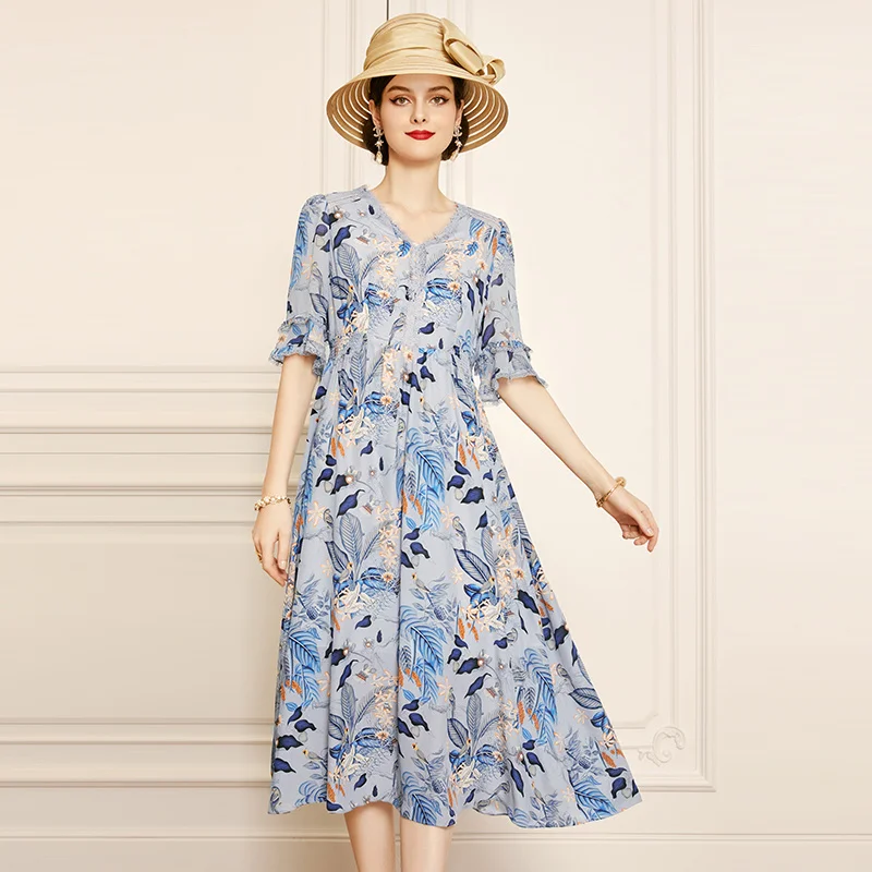 

SHZQ Blue Silk Dress 2021 New Summer V-neck Fashion Mulberry Silk Skirt