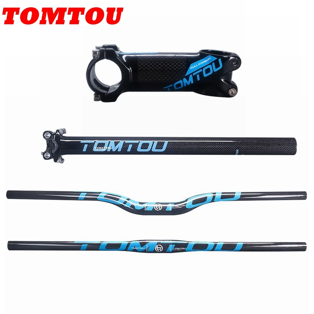 

TOMTOU Glossy 3k Carbon Mountain Bike Handlebars Sets Bicycle Handlebar + Stem + Seat Post Cycling MTB Parts Blue - TS6T78