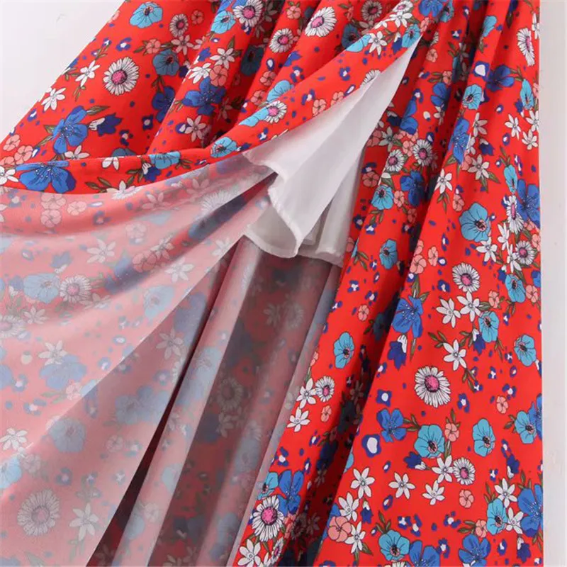 

Elegant flowers print midi skirt High waist retro female casual basic pleated red skirts Split midi skirt