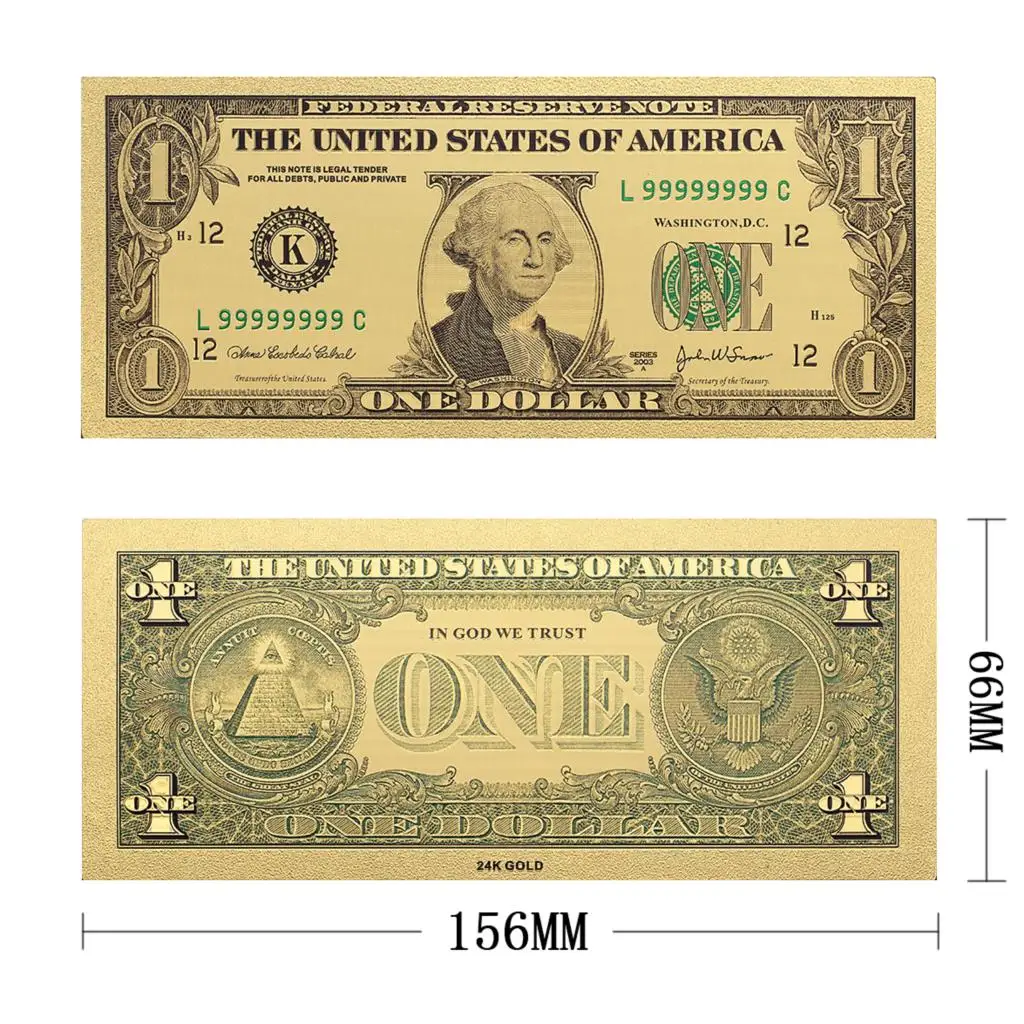 One Dollar Banknote in 24k Gold Wholesale Money With Plastic Frame For Christmas Card Paper Gifts Pack of 2pcs |