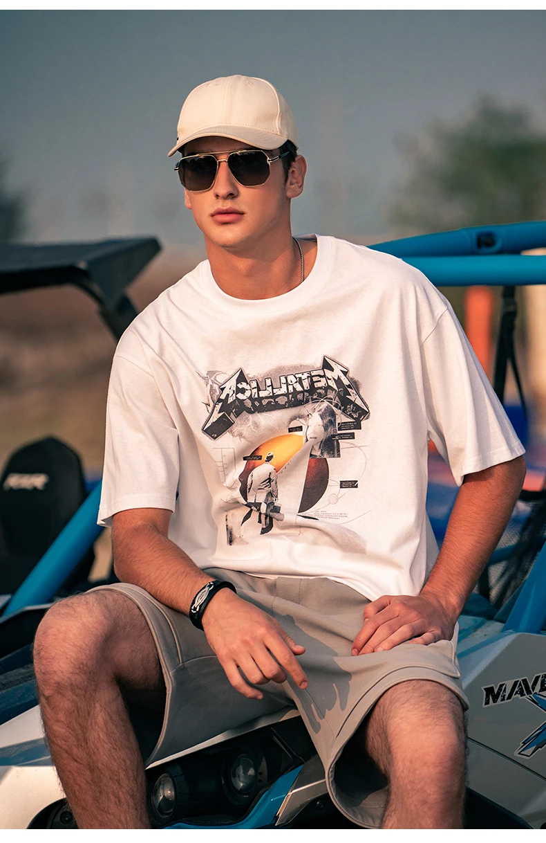 

2636 Loose short-sleeved T-shirt men's summer retro character pattern printed cotton five-point sleeve t-shirt