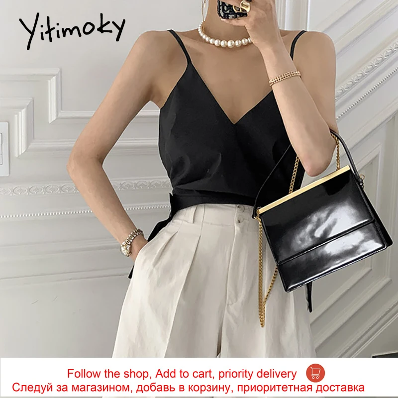 

Yitimoky Vintage Tops for Women Lace Up Black Sexy V-neck Summer 2021 Fashion New Irregularity Split spaghetti strap tank top