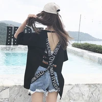 cotton halter top female student strange short sleeved korean version was thin and loose hollow personality l t shirt summer