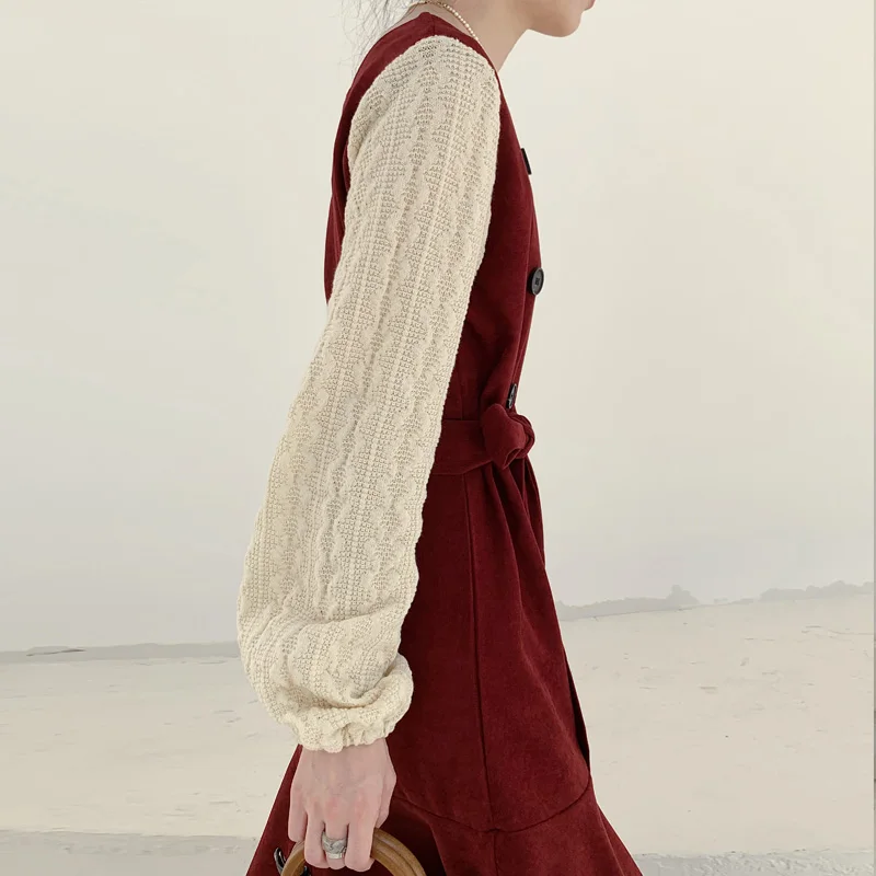 

Design Sense Non-mainstream Stitching Long-Sleeved Red Dress for Women Autumn and Winter 2020 New French Retro Waist-Controlled