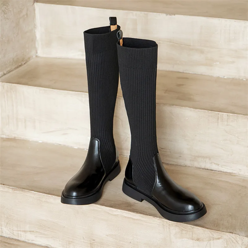 

ANNYMOLI Natural Genuine Leather Platform Flat Knee High Boots Women Shoes Round Toe Slip On Slim Boots Female Long Boots Black