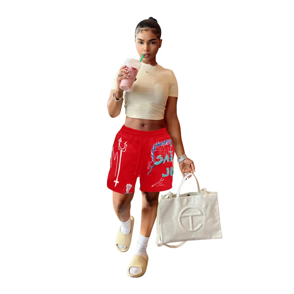 

Punk Styles Letter Skull Print Biker Shorts Summer Fashion Mid Waist Loose Sweatshorts Active Workout Hip Hop Sporty Short Pant