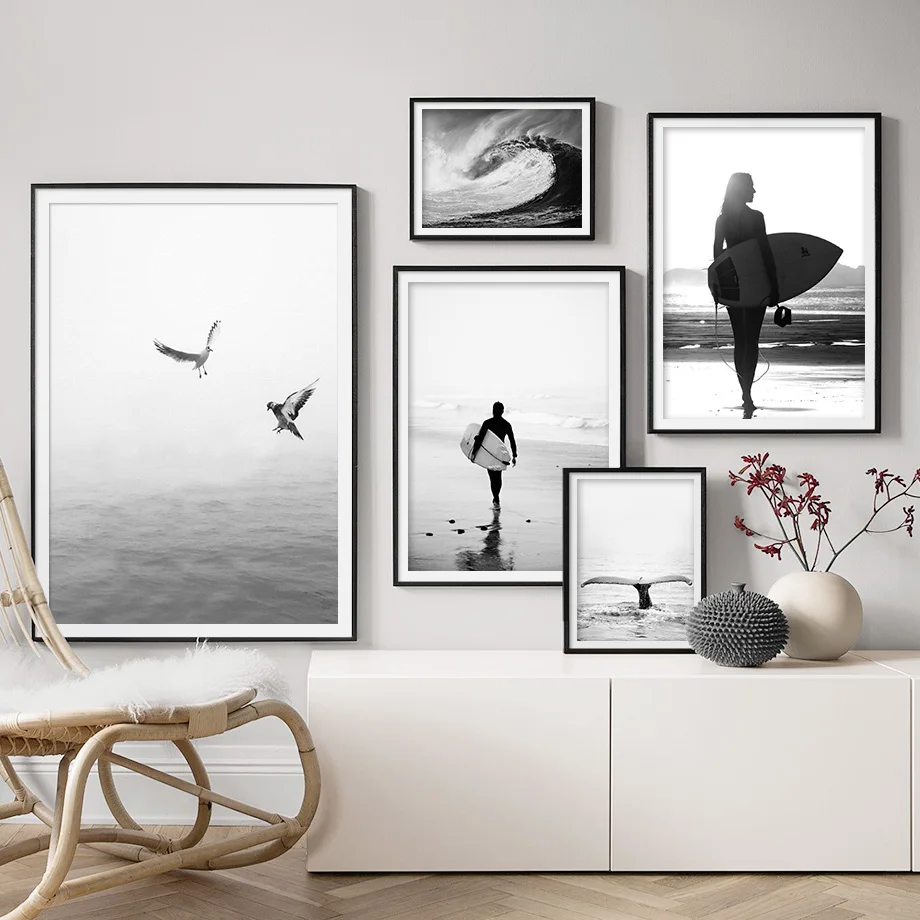 

Wall Art Canvas Painting Wave Surfing Girl Seabird Nordic Posters And Prints Landscape Wall Pictures For Living Room Bed Room