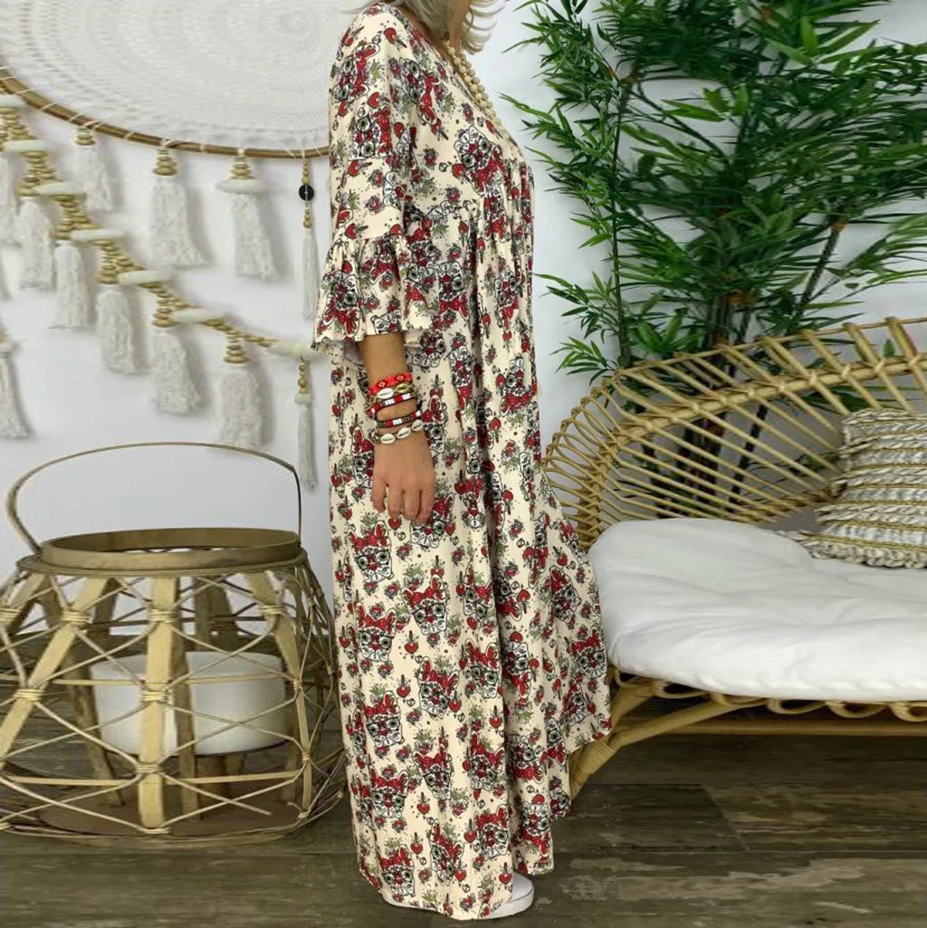 Женское платье до щиколотки с принтом Осеннее свободное женское длинным рукавом