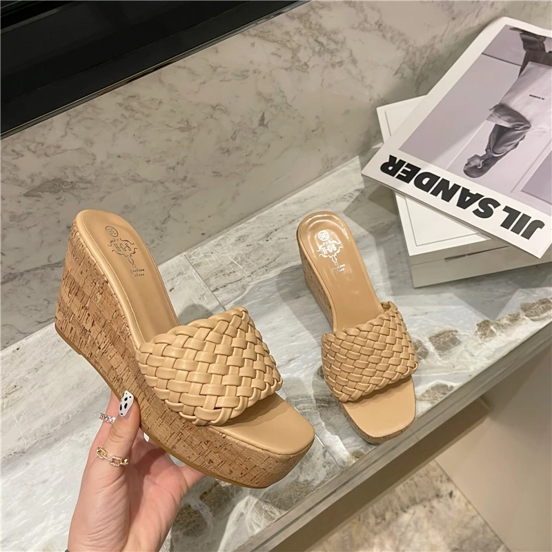 

ZA Wedge Sandals For Women 2022 Comfortable Luxury Designer White Sexy Summer Fashion Weave High Heels Slippers Chaussure Femme