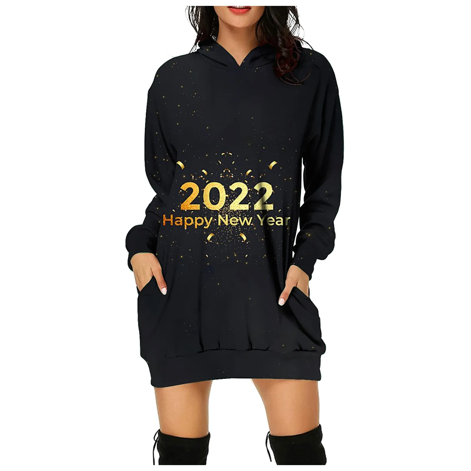 

2022 Women's Fashion Casual Merry Christmas Knee Length Sweatshirt Long Sleeves Hooded Pullover Oversize Dress With Pockets