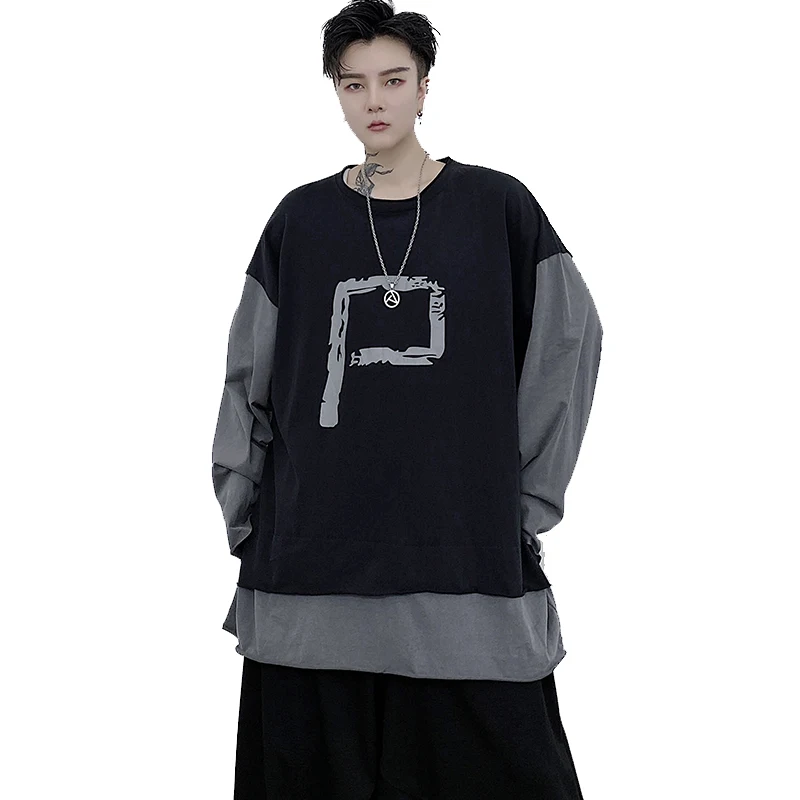 

Hiphop Loose t shirt men Long sleeve Patchwork Black Grey color Spring Autumn