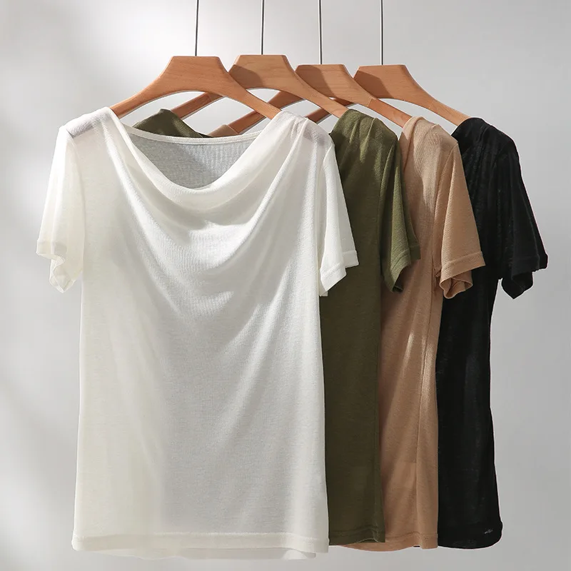 

2021 New Summer Lyocell Wool Tencel Short-Sleeved T-Shirt With Shoulder Collar Boat Neck Shirt Solid Color Women Clothes