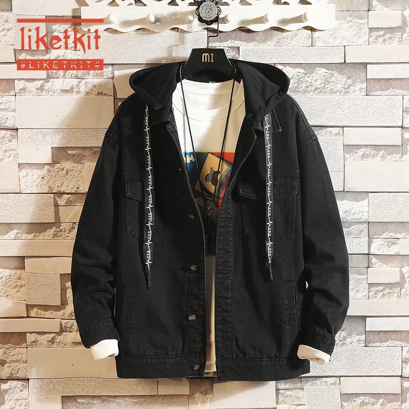 Осенняя мужская новая джинсовая куртка в японском стиле с вышивкой и капюшоном