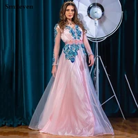 smileven pink moroccan kaftan formal evening dresses with 3d flowers duiba special occasion gowns long sleeve party gowns