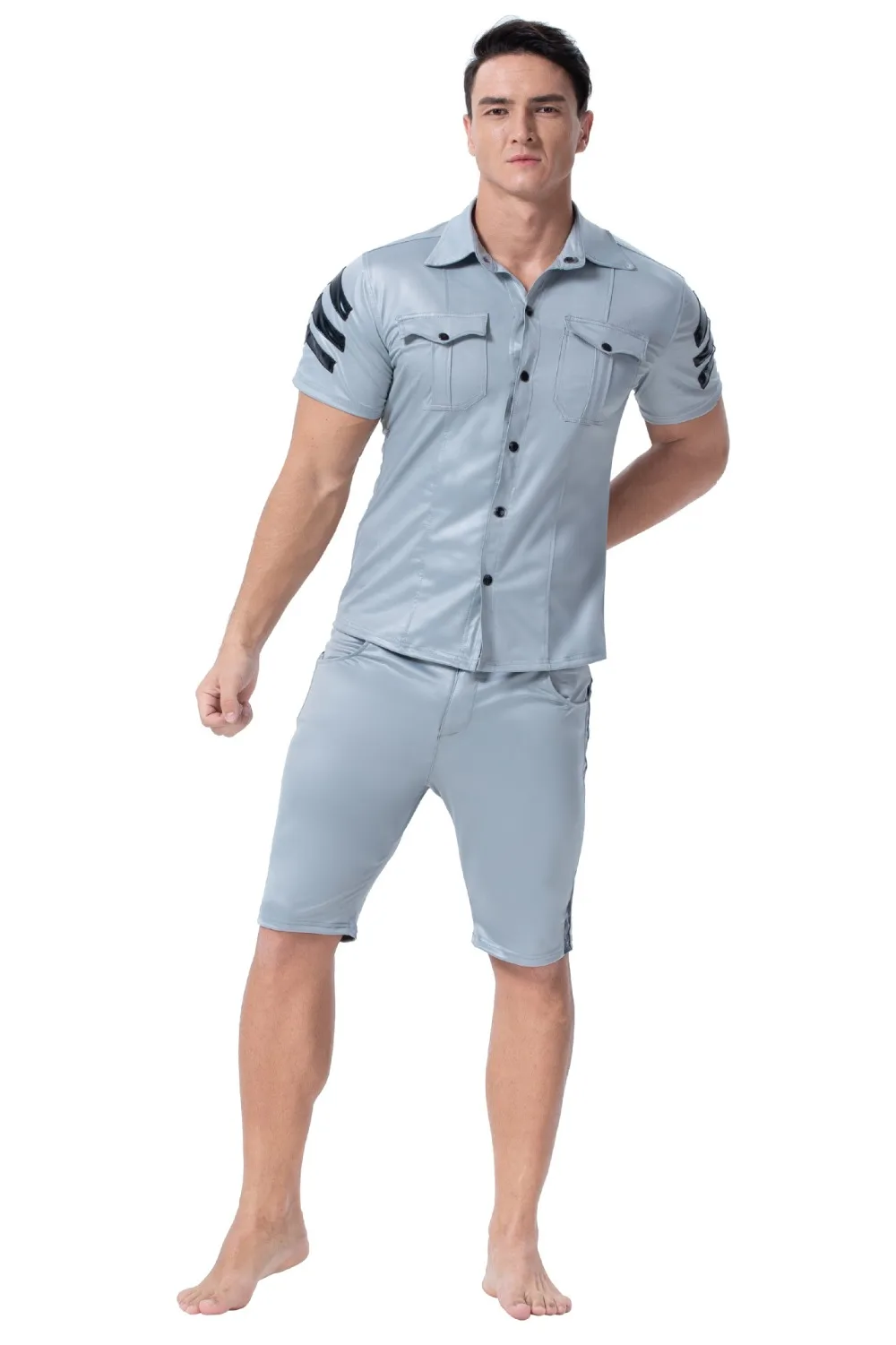 XX149 S-2XL мужские искусственная кожа застежка Брюки с карманами ночной клуб черный ПВХ бондаж шорты Готический полосатый рядом фетиш