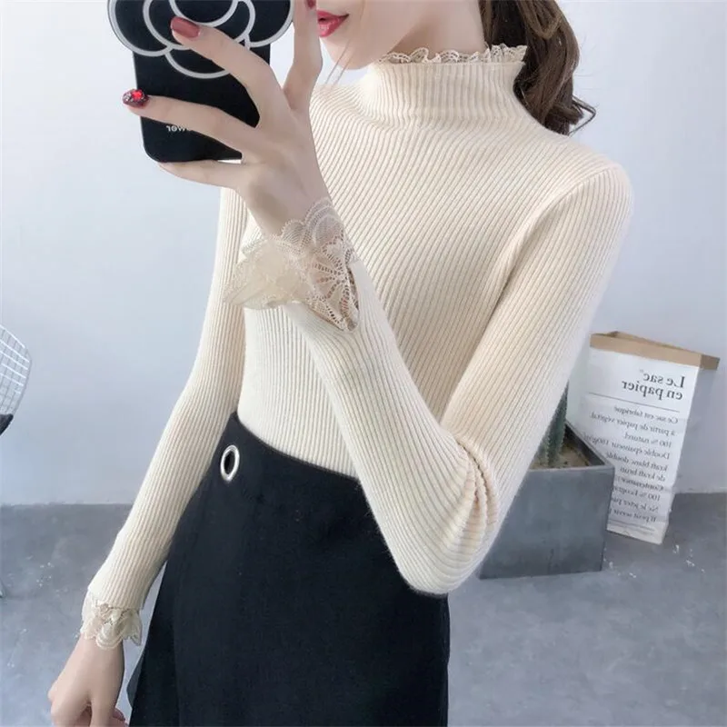 

Women's Sweater Autumn And Winter Lace Half-high Collar Long-sleeved Bottoming Sweater Slim Sleeve Short Paragraph Wild Tight