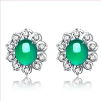 fyjs unique silver plated oval shape green agates stud earrings for women with cubic zirconia jewelry