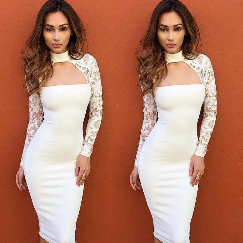 Sexy Ladies Hollow Dresses Elegant Women Lace Patchwork Sheath Dress Zipper Long Sleeve Black White Evening Party Slim | Женская одежда