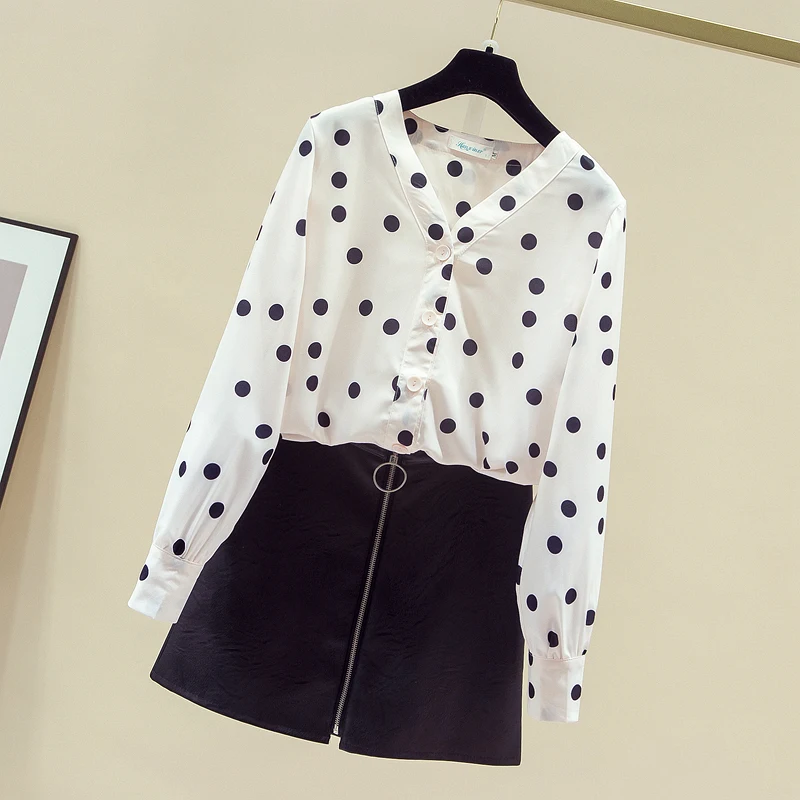 

NEW 2020 Autumn Women's V Neck Long Sleeves Polka Dot Shirt Ladies All-match Casual Chiffon Shirts Blouse Tops A3696