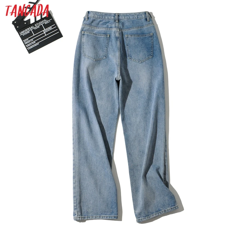 

Tangada 2021 Women Boyfriend Style Loose Jeans Pants Long Trousers Belt Strethy Waist Pockets Buttons Female Pants PP09