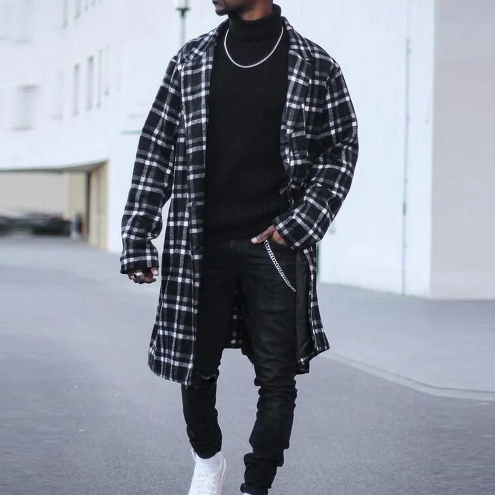 

Mens Long Plaid Jackets Autumn Wool Coats Long Sleeve Zipper Up Fashion lapel retro Men Clthing Blends Causal Winter Outerwear