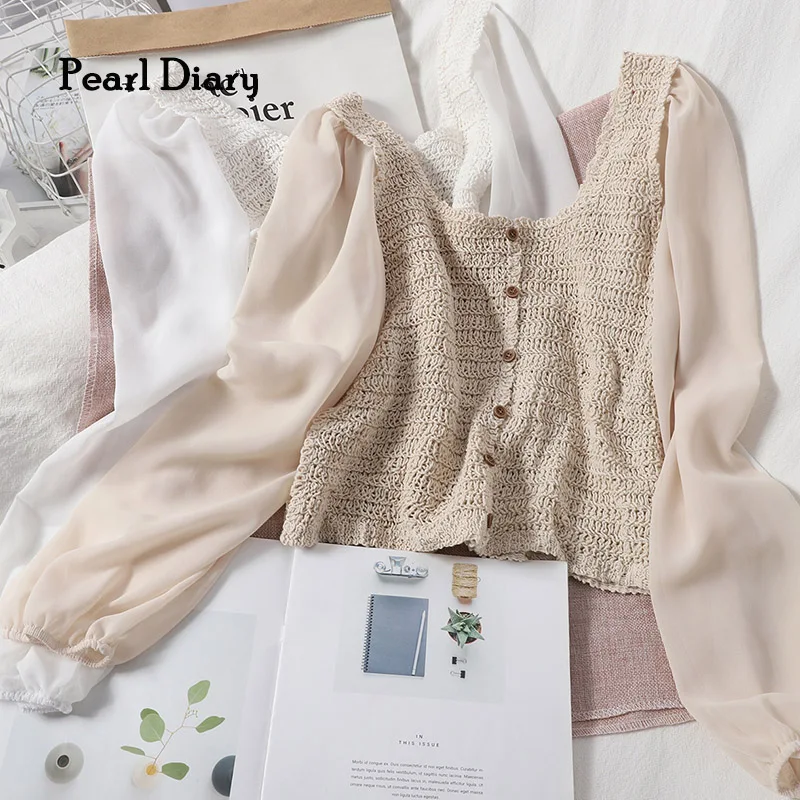 Купи Pearl Diary Fashion Joint Chiffon Woman Clothes Long Sleeve Exposed Clavicle Square Neck Hollow Out Single-Breasted T-Shirt за 1,601 рублей в магазине AliExpress