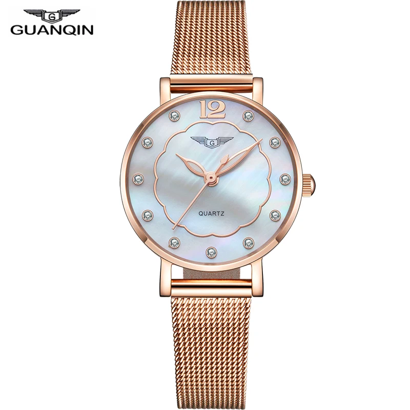 Женские кварцевые часы Reloj Mujer GUANQIN наручные золотого цвета с полностью стальным