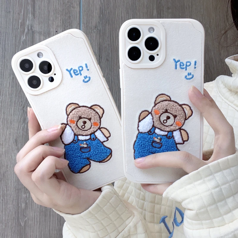 

Korean Cute Cartoon Teddy bear Embroidery Phone Case For iPhone 13 Pro Max 12 11 Pro Max X Xs Xr Warm Lamb Plush Fabric Cover