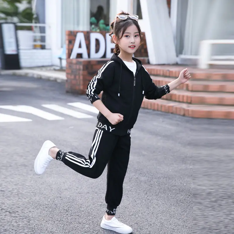 Fashion Big Girls Sports Suits stripe pink and Black Clothing Set for Teenage Autumn Tracksuit Kids Plus Size Sportswear 8 10 12 |