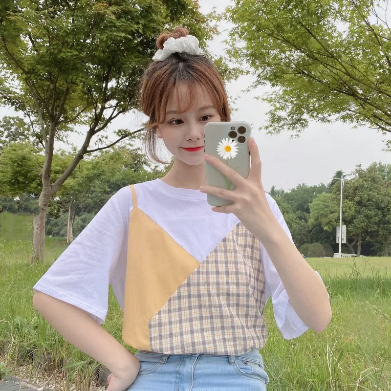 

Платье из двух частей с имитацией чистого хлопка, новинка 2021, женская одежда с коротким рукавом, подходящая ко всему Корейская версия контра...