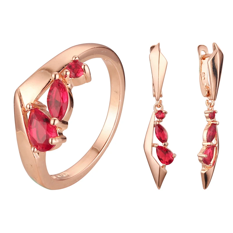 

New Arrival Women Red Cubic Zircon Ring Jewelry Set 585 Rose Gold Color Luxury Gift for New Year