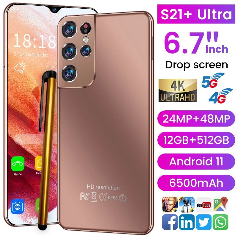 

Global Version 6.7 Inch S21+Ultra Cellphone Android 11 12GB+512GB 32MP+50MP 10 Core 6800mah 5G HD+Full Screen With Stylus Phone