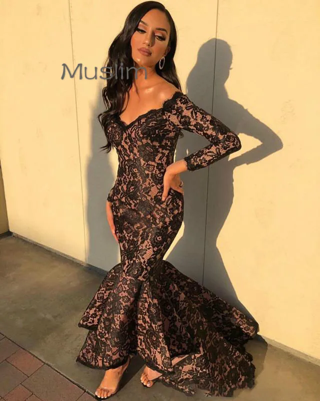 

Charming Lace Mermaid Prom Dresses Sexy V Neck Long Sleeve Nude Trumpet Evening Gowns Tight Slit 2021 Long Formal Party Dress