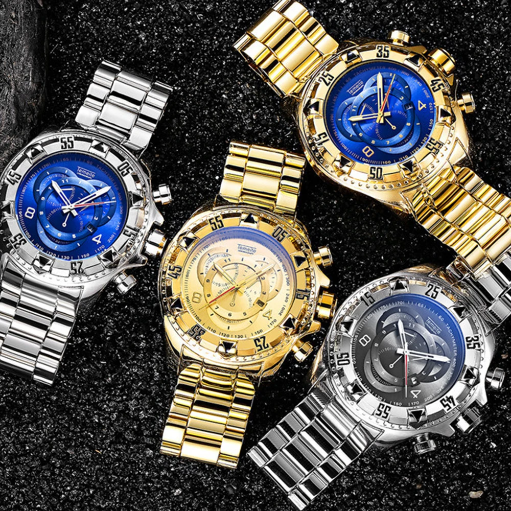 Montre à Quartz pour hommes, Date automatique, grand cadran 52mm, étanche, en acier, chronographe lumineux, horloges