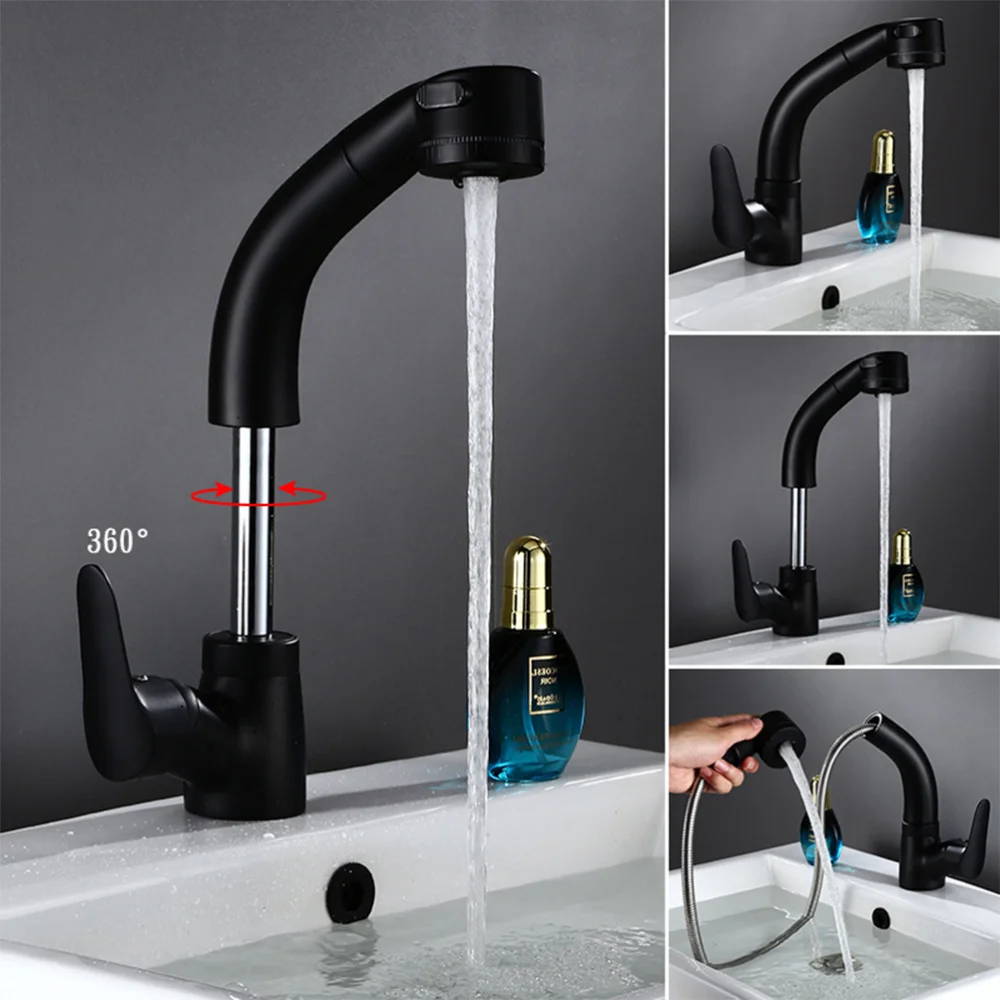 

Black Kitchen Out Modern Stainless Steel Height Adjustable Hot and Cold Water Mixer 360 Rotation Single Handl
