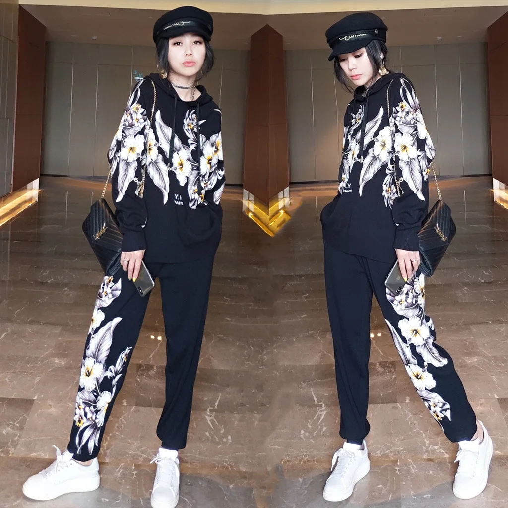 

women's new harajuku tracksuit printed Sweatshirts + 2 piece set women Female Knitted Trousers matching sets