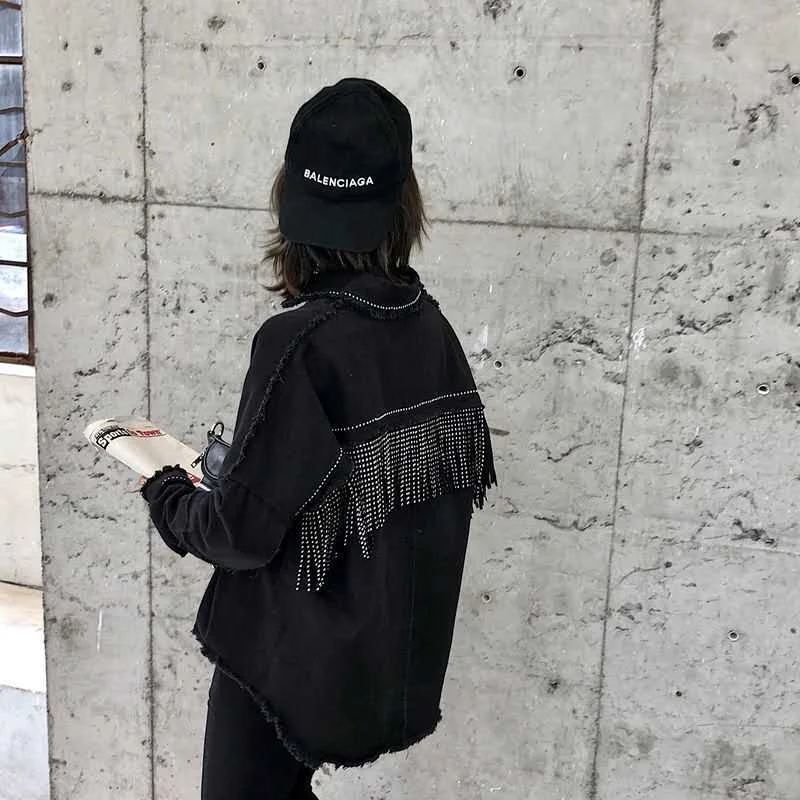 NEW Women's Black Long Sleeve Lapel Slim Fringe Decorative Jacket Autumn Hot Drilling Raw Edge Casual Street Coat Female S-2XL