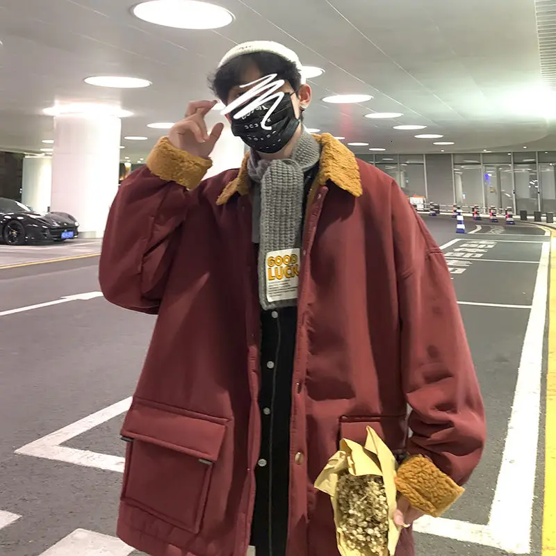 

Winter Plus Velvet Padded Lamb Fur Jacket Men's Warmth Fashion Casual Retro Lapel Coat Men Loose Korean Short Coat Mens Clothes