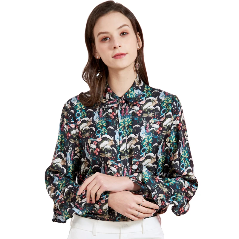

93% Silk 7% Spandex Women's Silk Shirt Turn Down Collar Floral Printed Ruffles Long Sleeves Fashion Blouse Shirt