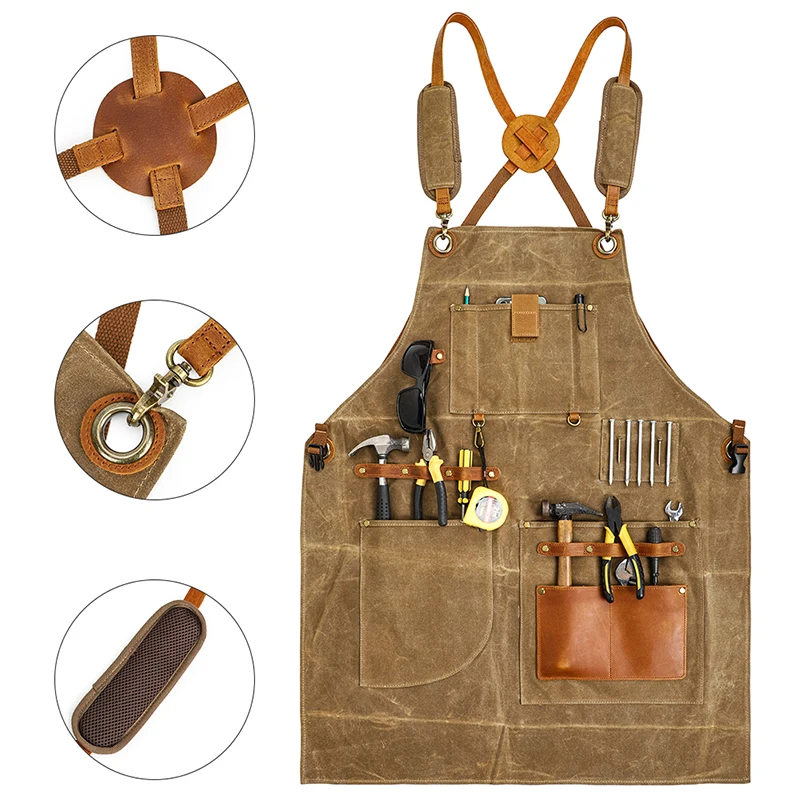 Durable Goods Heavy Duty Waxed Unisex Canvas Work Apron with Tool Pockets Cross-Back Straps Adjustable For Woodworking Painting