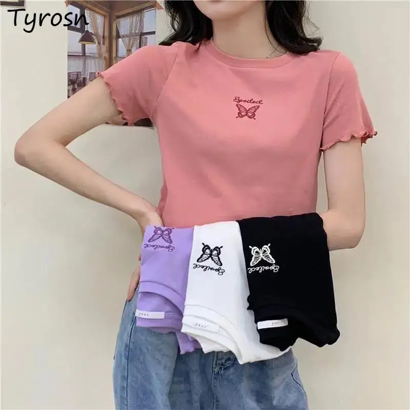 

Short Sleeve T-shirts Women Sweet Design Butterfly-printed Sexy Crop Tops High Street Elegant O-neck Slim Graphic Tshirts Mujer