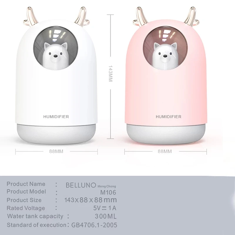 Cool Mist Humidifier with Adjustable Mode 300ml Water Tank LED Lamp Waterless Auto Shut-Off for Bedroom Home Office |