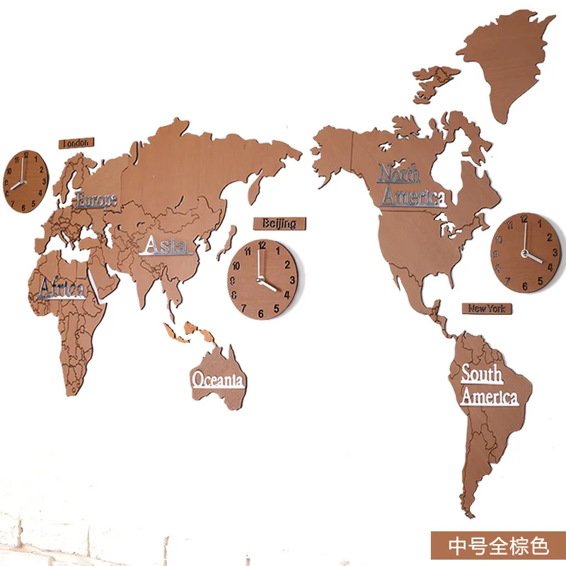 Большие настенные часы деревянные креативные с картой мира самоклеящиеся