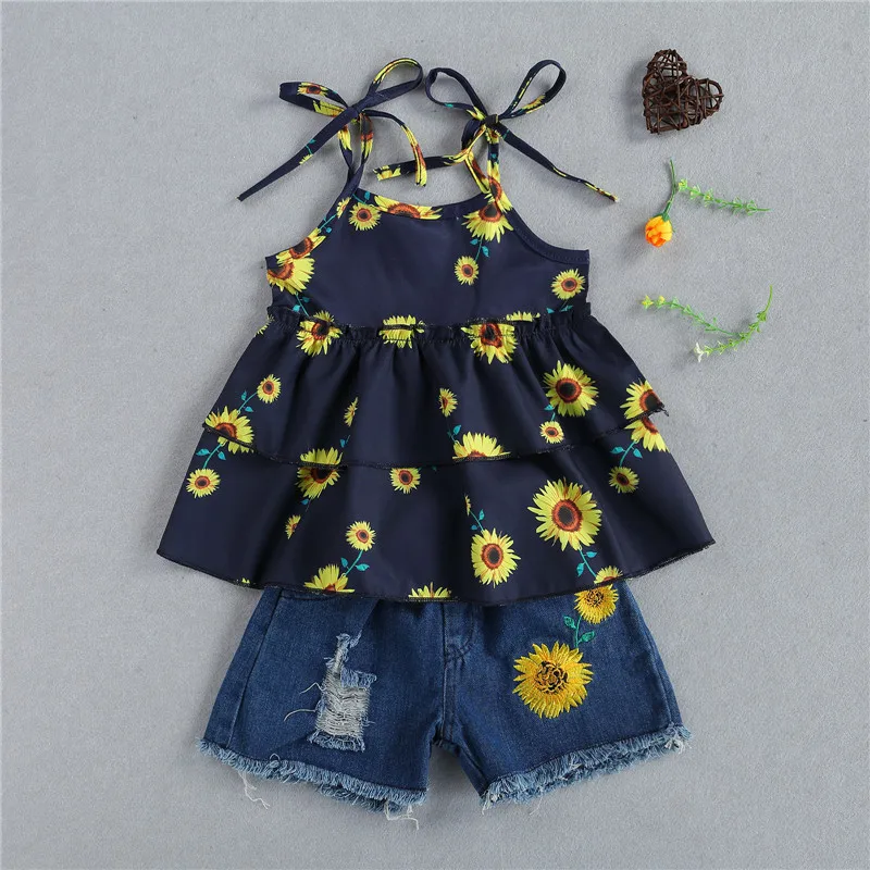 

1-5Years Girls Summer Clothing Sets Fashion Children Kids Sling Sunflower Vest Tops+Hollow Denim Shorts Holiday Casual Outfits