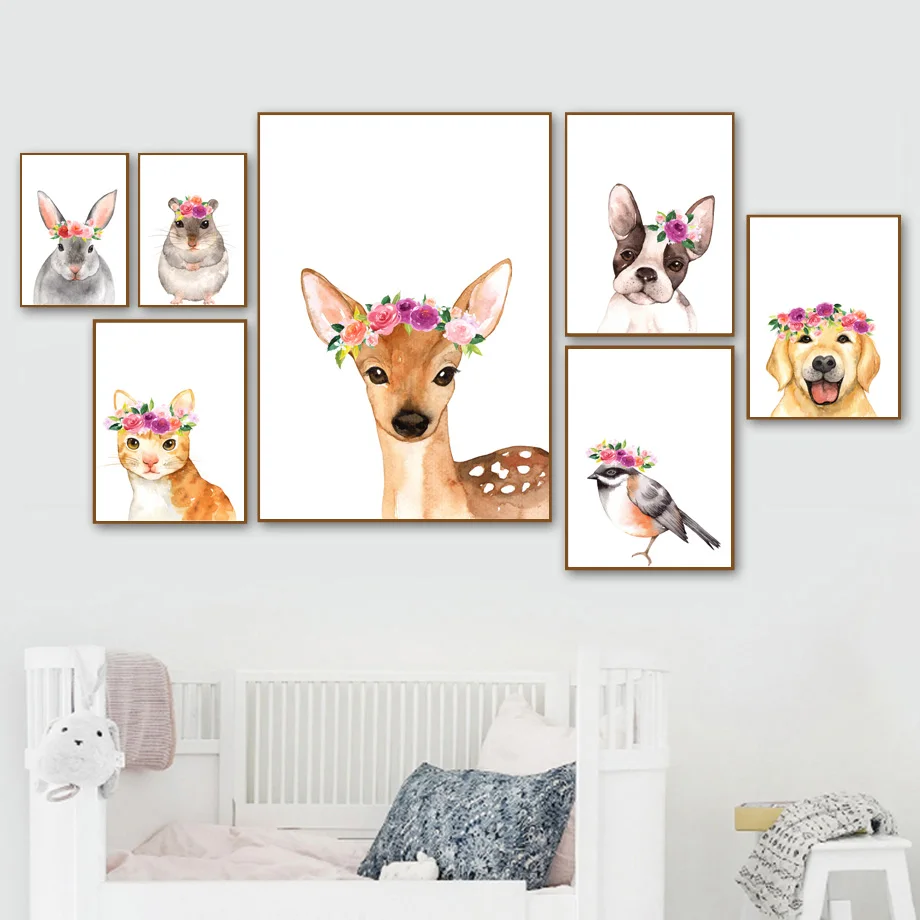 

Deer Rabbit Dog Bird Mouse Flower Crown Wall Art Canvas Painting Nordic Posters And Prints Wall Pictures Baby Kids Room Decor